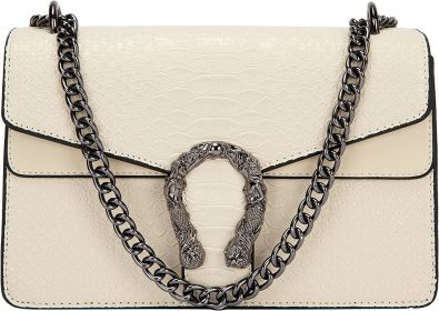 Crossbody Shoulder Square Purse For Women - Fashion Embossed Snake-Print Leather Handbag Metal Chain satchel Tote Bag (Color: Beige)