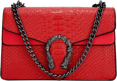 Crossbody Shoulder Square Purse For Women - Fashion Embossed Snake-Print Leather Handbag Metal Chain satchel Tote Bag (Color: Red)