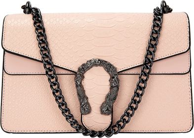 Crossbody Shoulder Square Purse For Women - Fashion Embossed Snake-Print Leather Handbag Metal Chain satchel Tote Bag (Color: Pink)