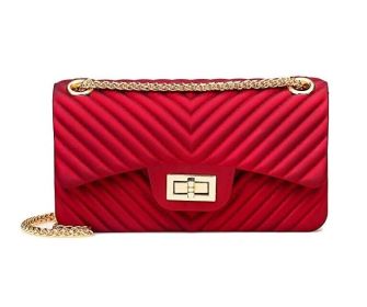 Women Fashion Shoulder Bag Jelly Clutch Handbag Quilted Crossbody Bag with Chain (Color: Red, size: M)