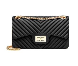 Women Fashion Shoulder Bag Jelly Clutch Handbag Quilted Crossbody Bag with Chain (Color: Black, size: M)