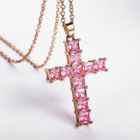 Huitan Hot Sale Female Cross Necklace Inlaid White/Pink Cubic Zirconia Fashionable Versatile Women Necklace for Party Jewelry (Length: 45cm, Metal Color: XL194)