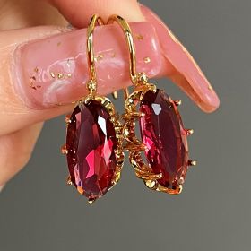 18K Gold Plated Chic Bridal Wedding Dangle Earrings Oval Faux Gemstone Earrings Women's Jewelry Gifts (Color: Red)