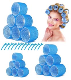 Jumbo Hair Rollers; 30 Packs Large Hair Rollers for Long Medium Hair; 3 Size Self Grip Hair Rollers Women Curls at Home (6√óJumbo+6√óLarge+6√óMedium) (Color: Blue)