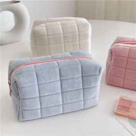 Plush Makeup Bag Checkered Cosmetic Bag Cosmetic Travel Bag Large Zipper Travel Toiletry Bag Portable Multi Functional Capacity Bag Cute Makeup Brushe (Color: Blue)